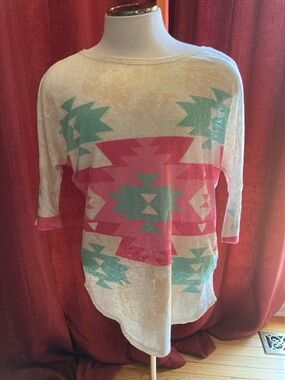 Luna Chic Women's Aztec Scoop Neck Long Sleeve Top - Pink & Teal